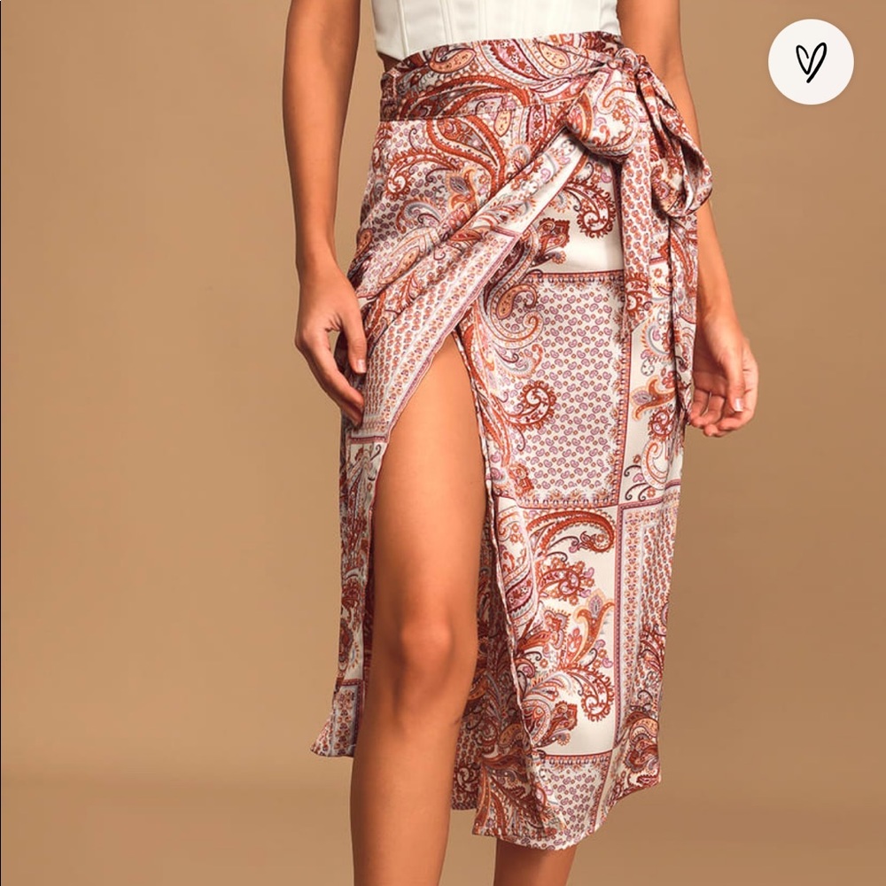 Take A Walk With Me Ivory Paisley Print Satin Wrap Midi Skirt
